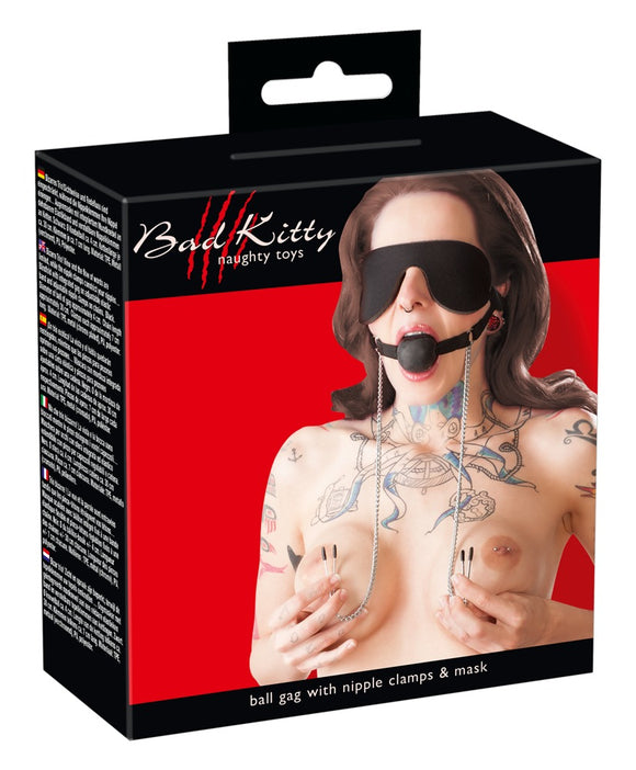 Mask with Ball Gag & Nipple Clamps